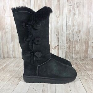 UGG Bailey Button Triplet II Black Suede Tall Sheepskin Boots 1016227 Womens 7